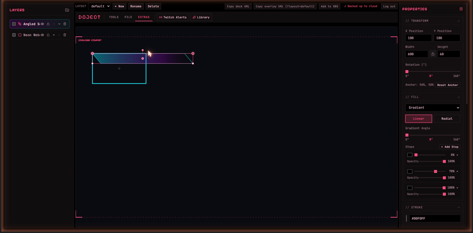 The DOJECT editor: layer list on the left, a shape selected on the canvas, and the properties panel on the right showing fill, stroke, and transform controls