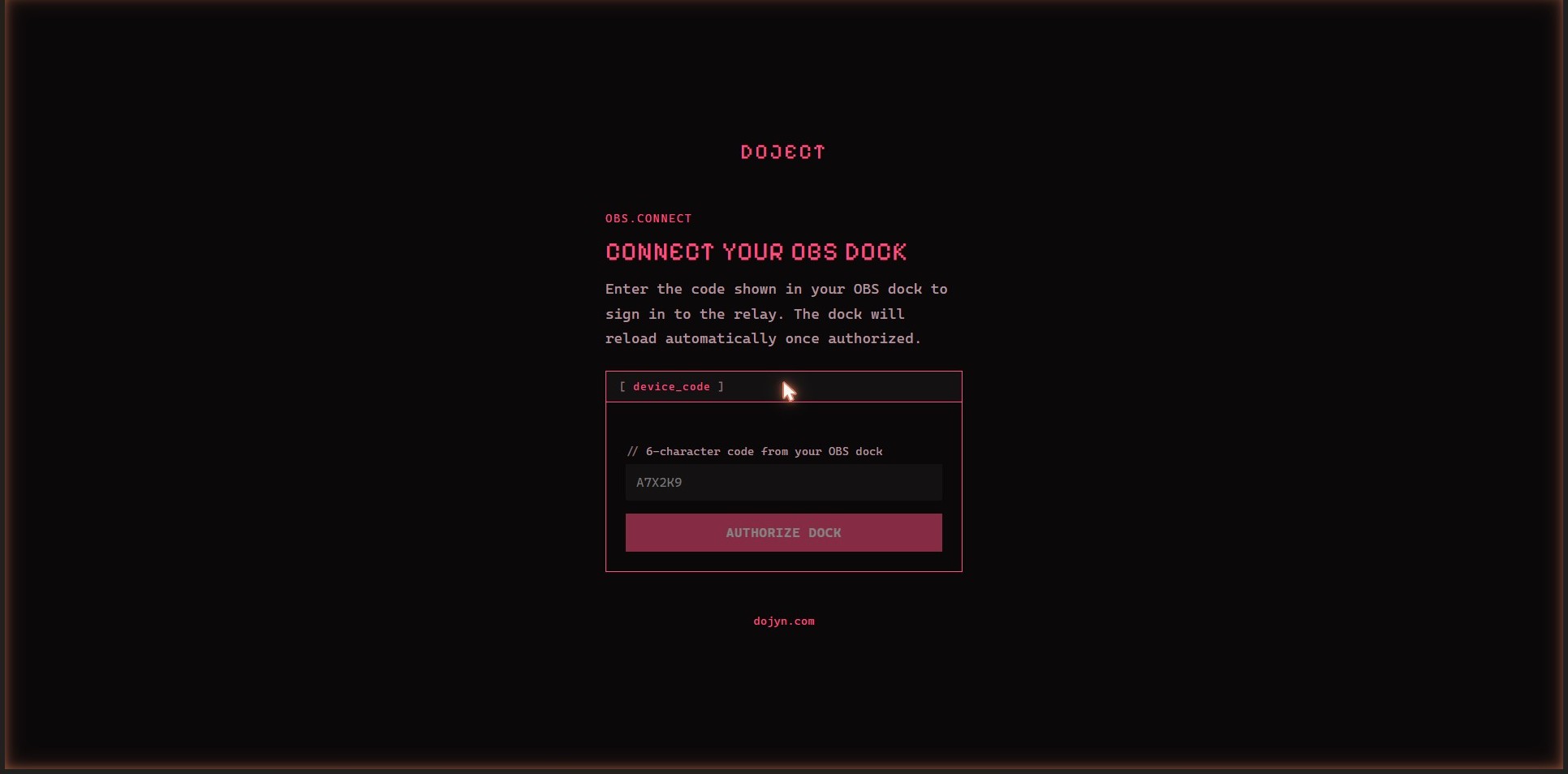 The dojyn.com/obs-connect page: a form to enter the 6-character device code shown in your OBS dock, with an Authorize Dock button