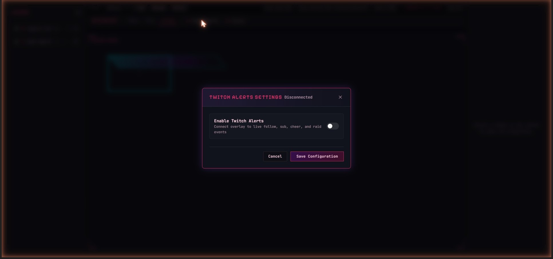 The Twitch Alerts Settings panel in DOJECT, with an "Enable Twitch Alerts" toggle to connect the overlay to live follow, sub, cheer, and raid events