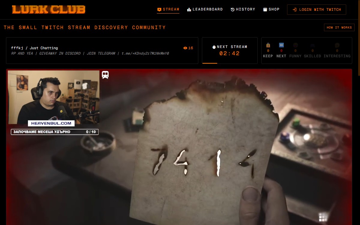 Lurk.club — the small Twitch stream discovery community, showing a live stream with voting controls