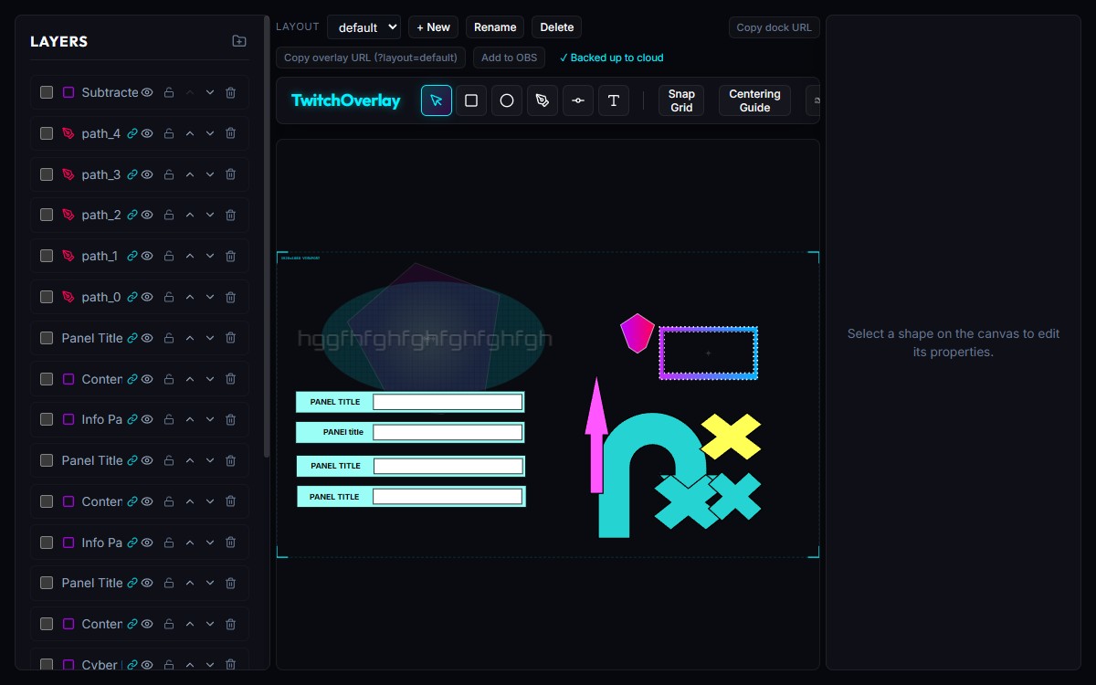 DOJECT Vector Editor for OBS Studio — showing the layer panel, drawing canvas, and multiple vector shapes including gradients, paths, and text layers